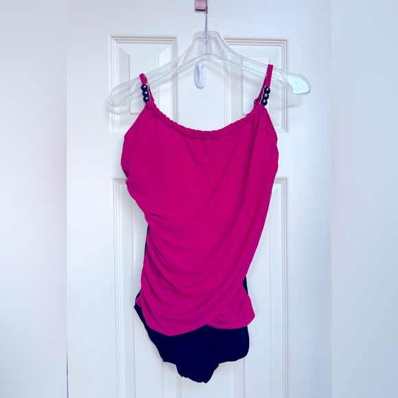 Slimming Pink and Black Ruched Swimsuit - Picture 2 of 4